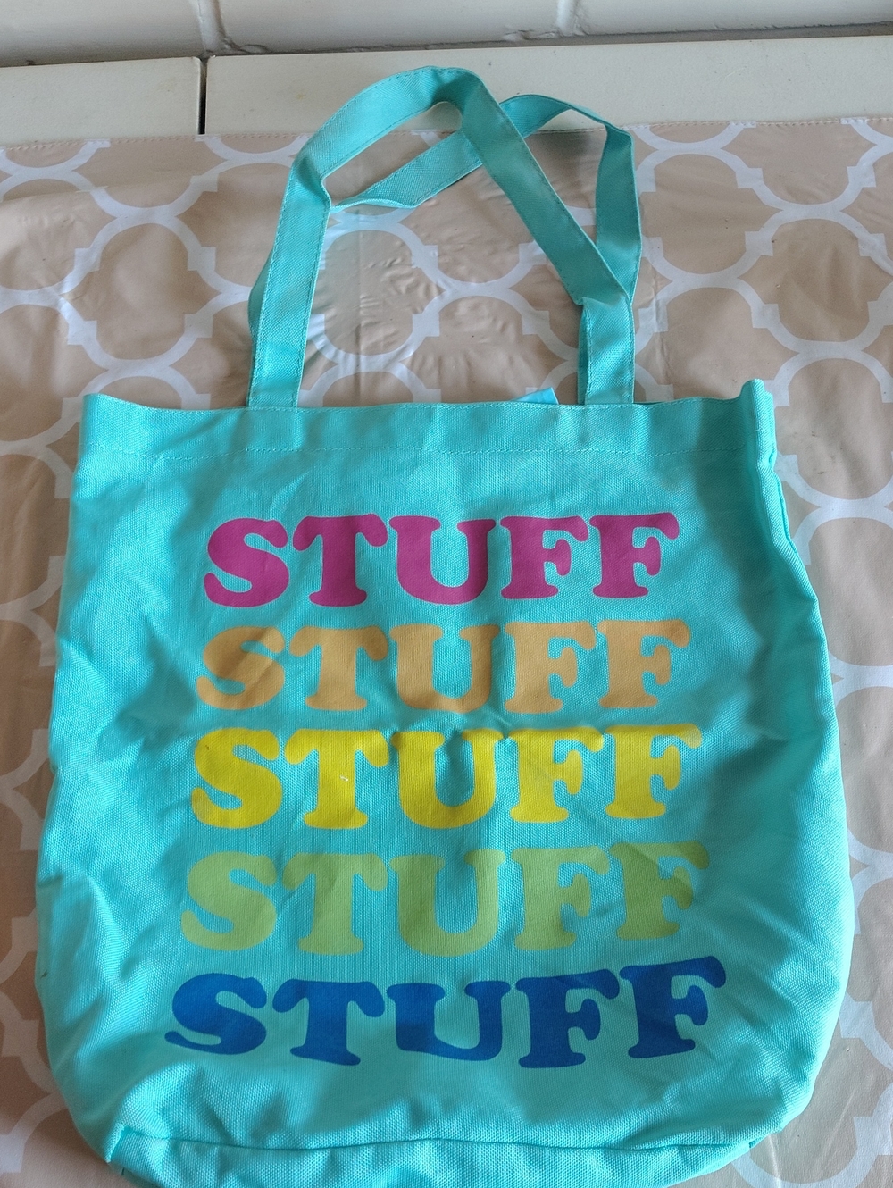 Colorful STUFF Tote Bag Aqua Canvas Shopper Beach Book Bag